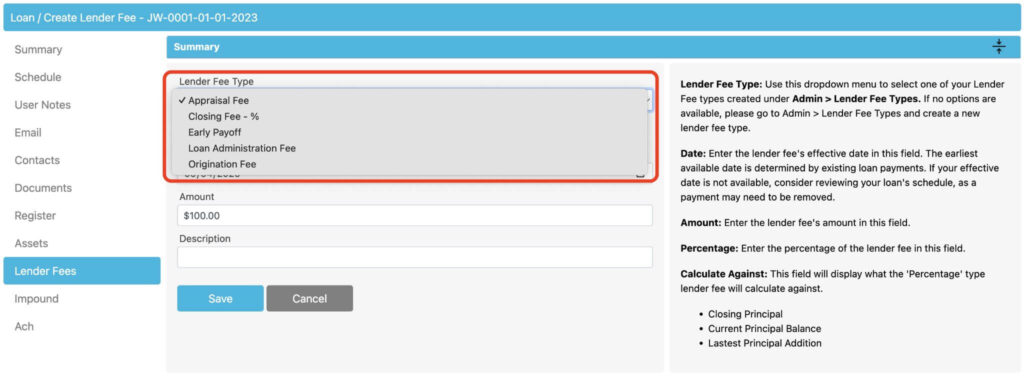 Lender fee setup screen showing fee type selection, amount, percentage, effective date, and description fields
