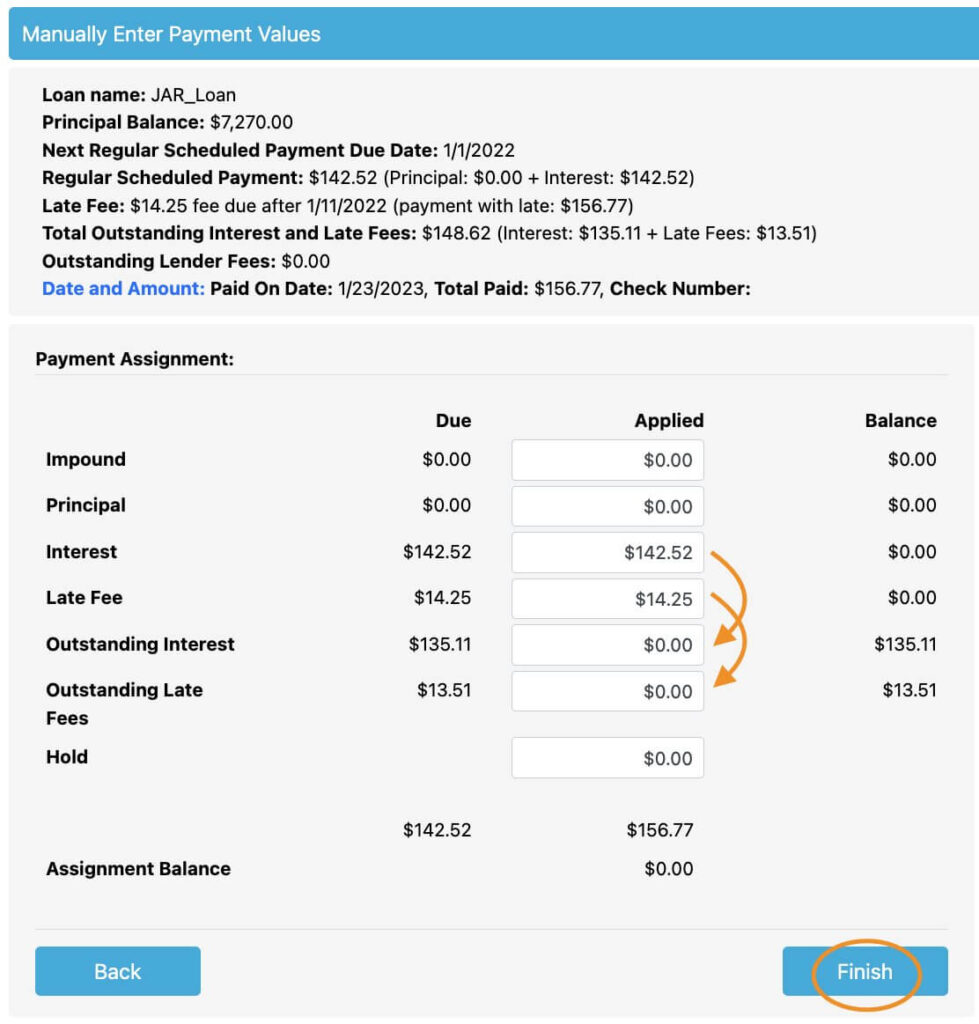 Manual payment entry screen showing loan payment assignment, interest, late fees, outstanding balances, and payment completion