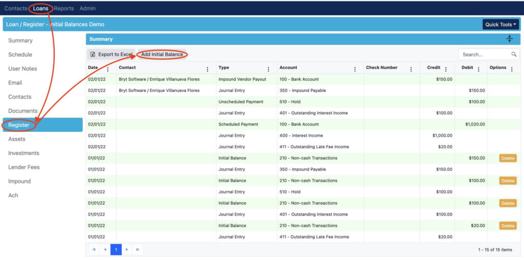 Loan register screen showing the Add Initial Balance option and transaction history