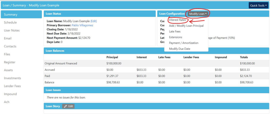 Loan summary screen showing the Modify Loan menu with Interest Rates selected